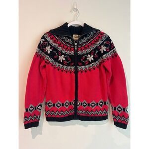 B. MOSS Fair Isle Full Zip Sweater Women Size L Red/Pink Black Nordic Pattern